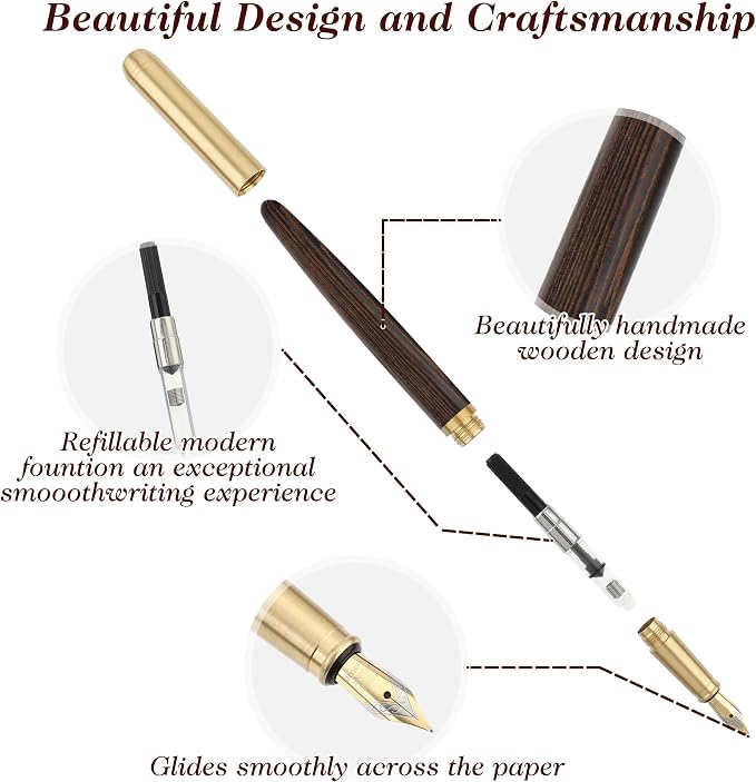 cobee Handcrafted Wooden Fountain Pens Set, Vintage Luxury Wood Fountain Pen 0.5mm Fine Point Smooth Writing Pen With 12 Ink 2.6 mm Cartridges and Gift Box for Journaling Calligraphy Supplies(C)