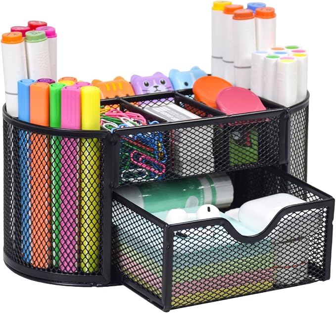 SAYEEC Mesh Desk Organizer Black Pen Holder for Desk Wire Desktop Organizer with 8 Compartments & Drawer Multi-Functional Metal Pencil Cup Caddy Holder Office Supply Storage Organizers for School Home