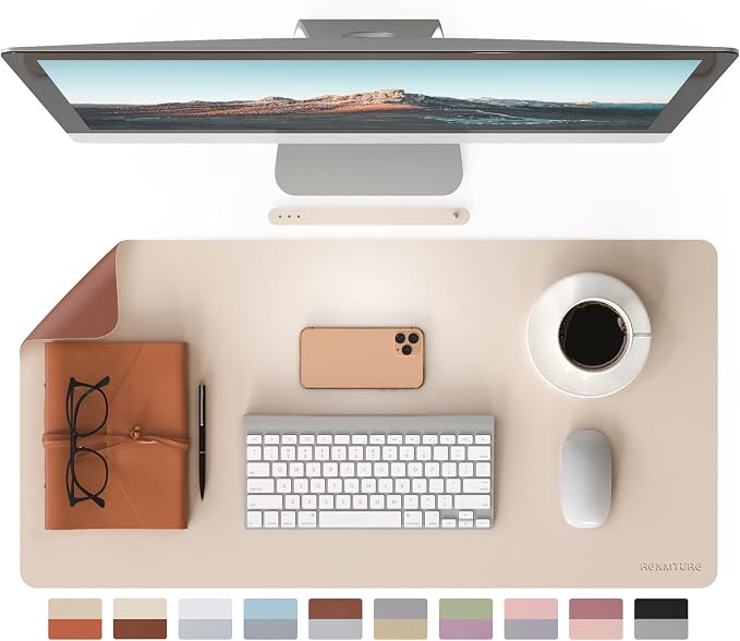 RENMTURE Double-Sided Two-Tone Faux Leather Desk mat Desktop Organization and Accessories Home and Office Large Mouse pad Game and Work (Beige/Brown, 32"x16")