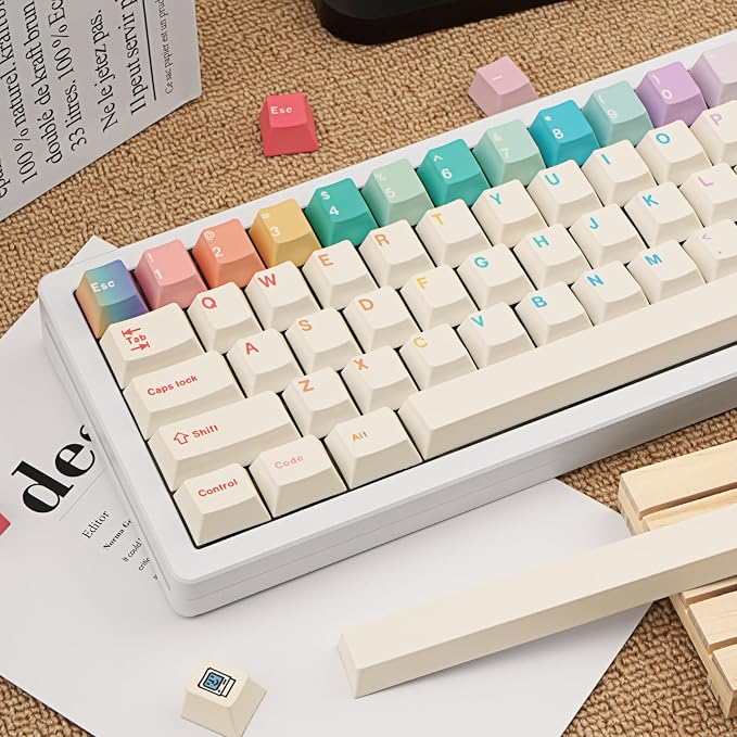 Minimalist White PBT Keycaps, 150 Keys Cute Macaron Theme Keycap, Cherry Profile Dye-Sublimation Colorful Keycaps for 61/64/68/84/87/100/104/108 Cherry MX Mechanical Keyboards