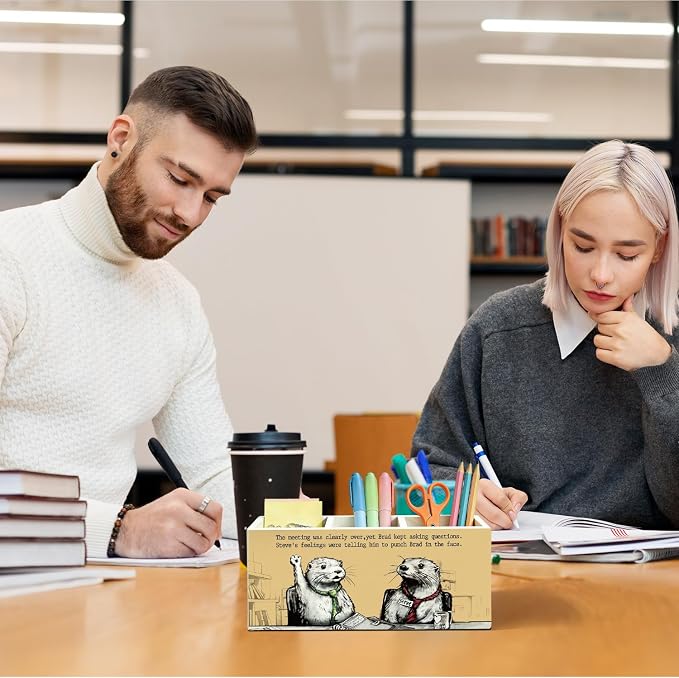 Funny Otter Pen Pencil Holder for Desk, Otter Gifts for Women Men, Office Humor Gifts for Coworkers Wooden Box Sign Organizer for Office Workplace Desk Accessories Tabletop Decorations