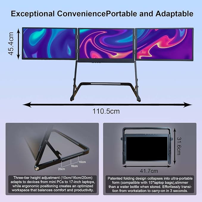 15.6-Inch FHD IPS 60Hz Triple Portable Monitors Extender | for 13–17”Laptops,Stable Bracket with Anti-Pinch Design,Aluminum Alloy,USB-C & H/D Interface,Suitable for Travel,Home Office