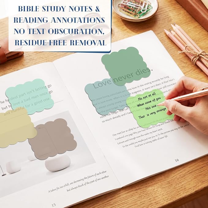 Eaasty 400 Sheets Transparent Sticky Notes 2.8x2.8 Clear Scalloped Sticky Notes 8 Pads Cute Wavy Translucent Pads Waterproof See Through Note for Bible Study Annotation School Office(Soft Morandi)