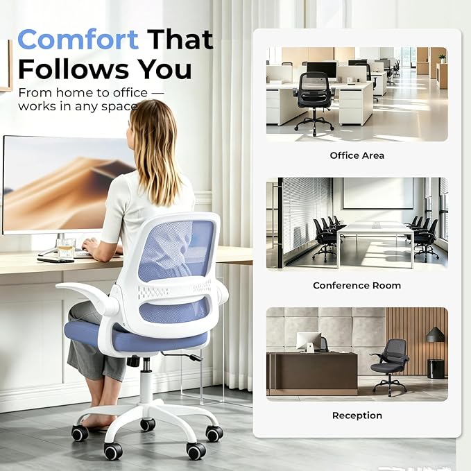 Ergonomic Mesh Office Chair for Home Office, Flip-Up Arms, Breathable Mesh Back & Thick Seat Cushion, Swivel Rolling Computer Desk Chair – BIFMA Certified, Supports 300 lbs (White Frame/Blue Seat)
