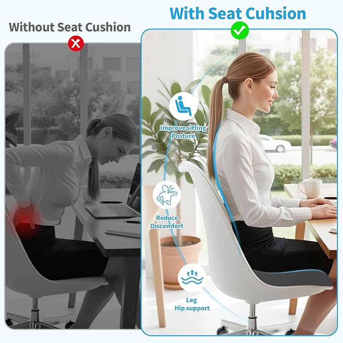 TranquilRelax 2XL Seat Cushion, Memory Foam Cushion for Long Sitting Hours on Office Chair, Car Seat, Non-Slip Chair Pad for Sciatica, Coccyx, Tailbone Pain Relief & Post-Surgery Recovery (Grey)