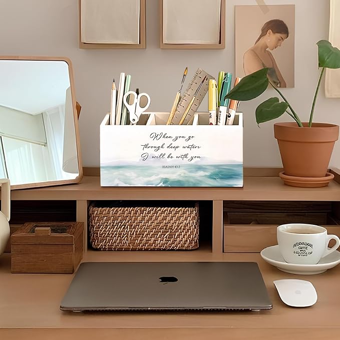 Christian Pen Holder, Christian Gifts for Women Pencil Holder for Desk, Beach Office Decor, Religious Bible Verse Coastal Ocean Wooden Box Sign Decorations for Home Office Desk Tabletop