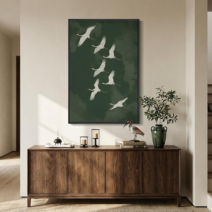 Large Framed Vintage Green Bird Wall Art for Living Room, Japanese Green Zen Asian Canvas Painting Prints Artwork for Walls, Minimalist Oriental White Crane Wall Art for Dining Room Hallway, 24x36