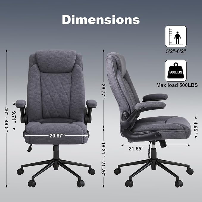 ralex-chair 2 Pack Big and Tall Office Chair -500 lb Heavy Duty Office Chair for Big Man, Fabric High Back Executive Office Desk Chair with 120° Tilt Rock,Computer Desk Chair with flip up arm - Grey