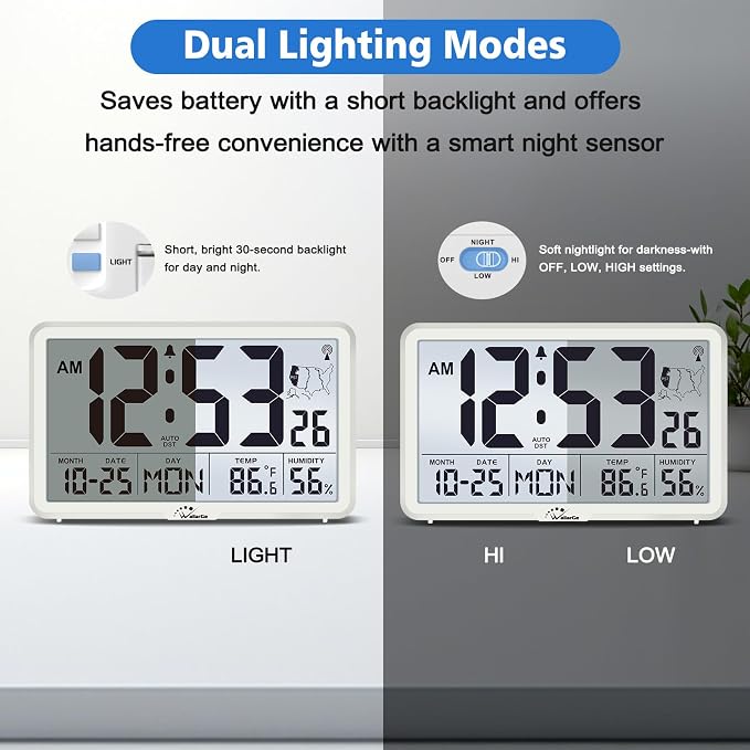 WallarGe Atomic Wall Clock with Backlight, Battery Operated | Large Digital Display, Indoor Temperature, Humidity, Date, AUTO DST, 6 Time Zones