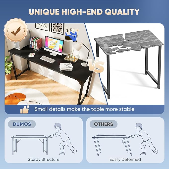 DUMOS 63 Inch Computer Desk Writing Gaming Study Work Large Desks for Bedroom Home Office with Metal Frame Simple Modern PC Compact Table Workstation, Wood Black