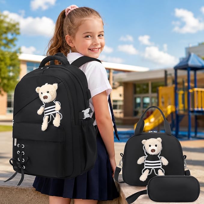 ACESAK School Backpack for Girls - 3 PCS Cute Girls Backpack with Lunch Box & Pencil Case - Kawaii Casual Kids Bookbag School Bag Daypacks Set for Elementary Middle High School Student Teens (Black)