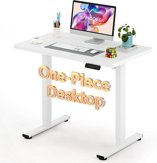 SANODESK Electric Standing Desk 40 x 24 Inches Whole-Piece Desktop Height Adjustable Stand Up Desk w/6-Button Controller Ergonomic Computer Desk for Home Office, White Frame + White Tabletop