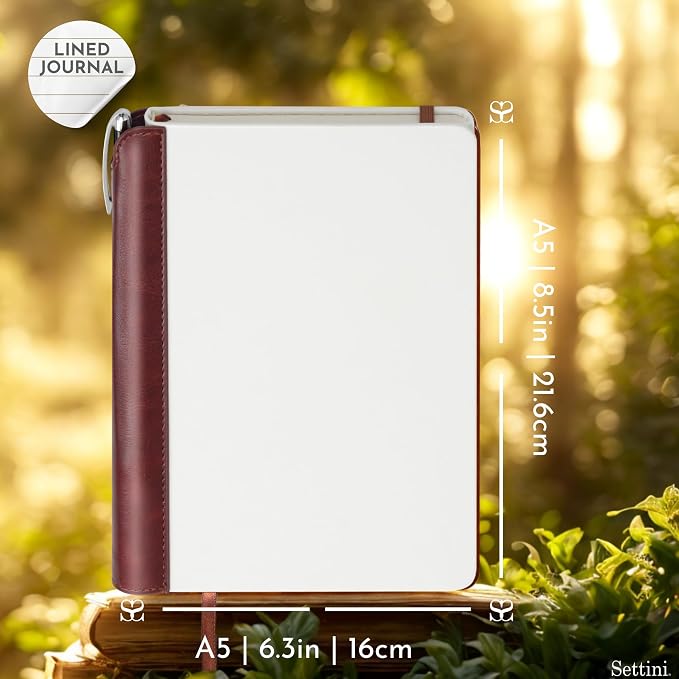 SETTINI® Lined Journal - Modern White Journal for Writing Gift Set - Hardcover Vegan Leather, Includes Luxury Pen in a Unique Pen Holder, 192 Pages, 6 x 8.5 inches, Birthday Gift