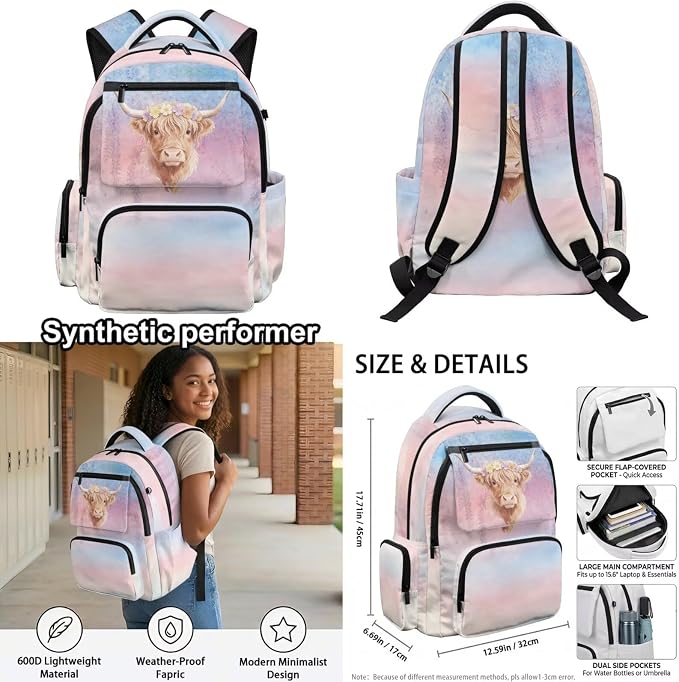 WELLFLYHOM Highland Cow Kids Backpack Set with Lunch Box Girls 8-12 Cherry Blossom School Bookbag Lunch Bag Pencil Pen Case Water Bottle Carrier Back to School Gift