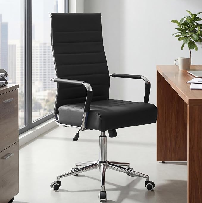 JOMEED Office Desk Chair,Conference Room Chair,High Back PU Leather Swivel | Modern Executive Ribbed Design, Ergonomic, Height Adjustable, Wheels and Arms, for Home Office(Black-Silver Frame)
