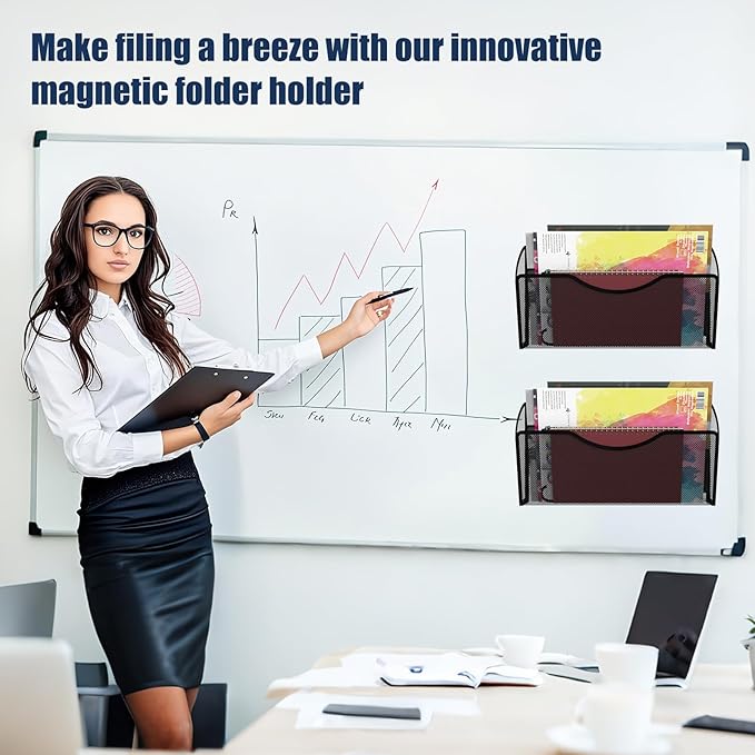 Magnetic File Holder 4 Pockets File Folder Organizer, Office Hanging Magazine Rack for File Cabinets, Magnetic Paper Holder, No Drilling Mail Organizer for Refrigerator, Office