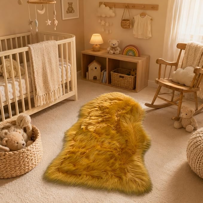EasyJoy Faux Sheepskin Rug, Fluffy Faux Fur Rug, Ultra Soft Shag Area Rug with Non-Slip Backing for Bedroom, Living Room, Nursery, Kids Room(2 x 4 ft Sheepskin, Golden Yellow)