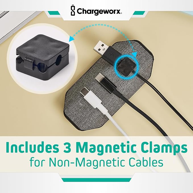 CHARGEWORX Magnetic Cable Organizer – 2 Pack - Weighted Non-Adhesive Cord Holder with 3 Magnetic Clips for USB-C, Lightning & MagSafe Cables – Desk, Office & Nightstand Cable Management