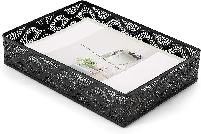 Desk Paper Tray Organizer, Metal Mesh Storage Basket for Office Home | Desktop Decorate Trays Organizing, Large Storage Basket for Office Supplies Mail File Print A4 Paper, Black, Pattern 1#