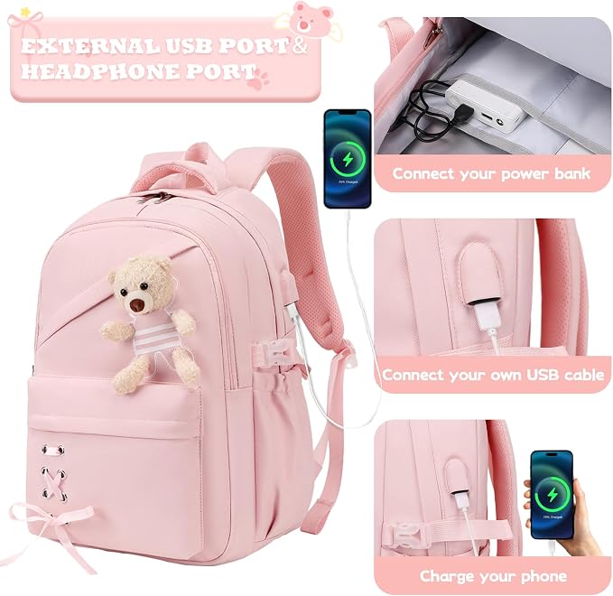 ACESAK School Backpack for Girls - 3 PCS Cute Girls Backpack with Lunch Box & Pencil Case - Kawaii Casual Kids Bookbag School Bag Daypacks Set for Elementary Middle High School Student Teens (Pink)