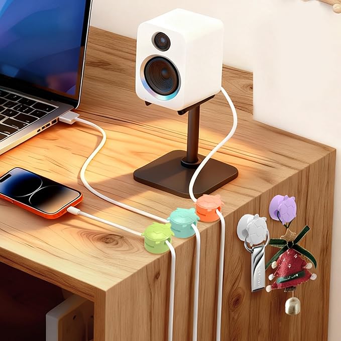 Rotatable Cable Clips, 8 Pack Cord Holder for Nightstand Multicolor | Self-Adhesive Cord Clips, Dorm Room Essentials, Cable Holder for Cords, Cord Management for Desk Office Car Wall
