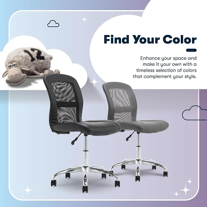Serta Armless Small Home Desk Chair with Wheels, Ergonomic Mesh Back Chair | Leather & Foam Cushion Seat, Adjustable Height, Small Vanity Chair for Bedroom & Small Spaces, Home Office Desk Chair, Black