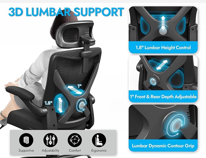 Ergonomic Office Chair: Mesh Desk Chair Comfy with Headrest& Lumbar Support | Ergalithic Big and Tall Office Chairs with Wheels & Flip-Up Arms-Computer Gaming Chairs for Adults Home Office (Full Black)