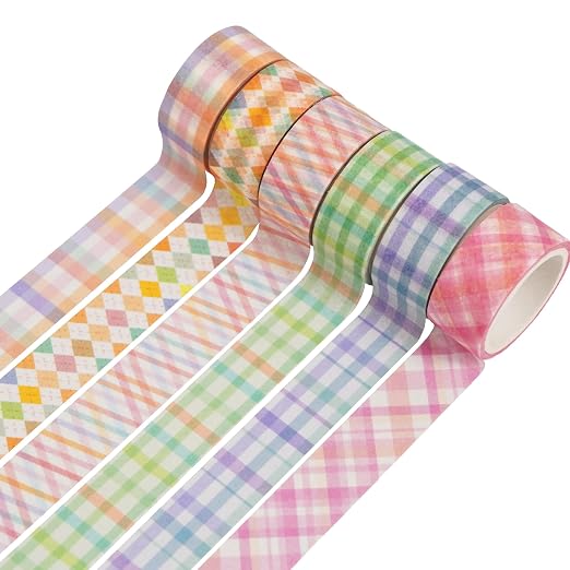 Basic Grid Washi Tape Set 12 Rolls Plaid Decorative Masking Tapes for Arts, DIY Crafts, Journals, Planners, Scrapbook, Wrapping (Colored)