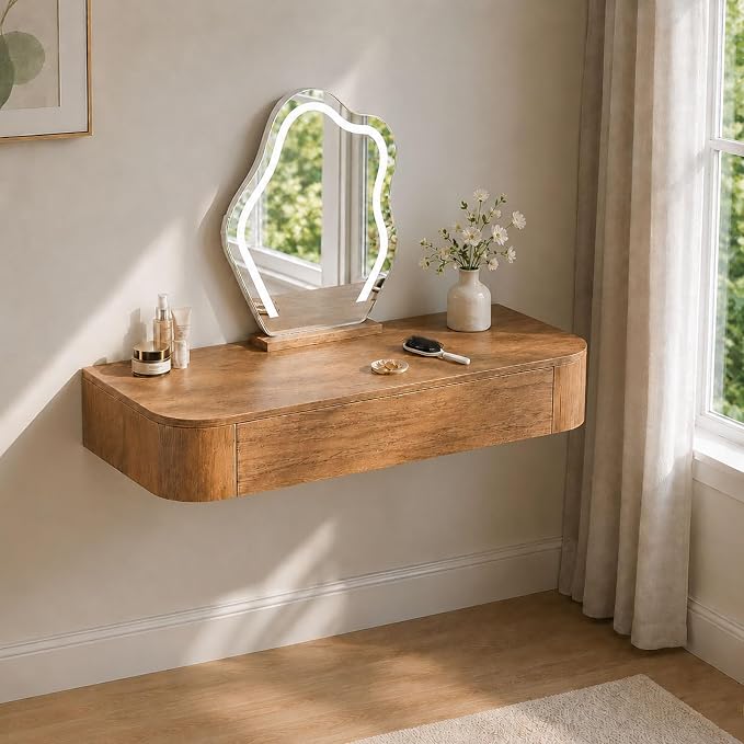 Floating Makeup Vanity Desk with Drawers Wall Mounted Makeup Table with Storage Fully Assembled Floating Vanity Desk Space Saving Modern Dressing Table for Bedroom Closet(Walnut,31.5")