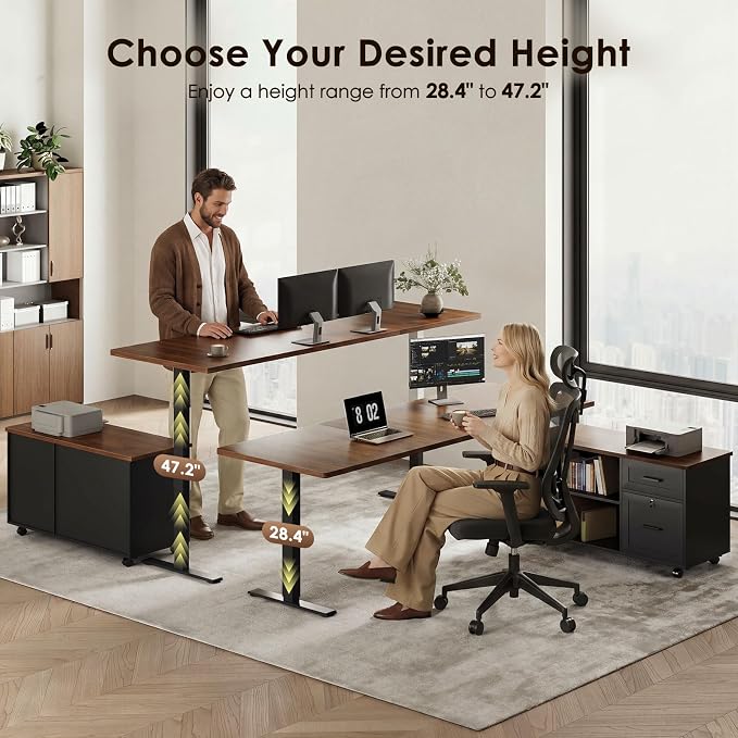 OffiGo 71" L Shaped Electric Standing Desk with File Cabinet, Walnut/Black | Mobile Drawers & File Cabinet for Flexible Layout, Height Adjustable Executive Stand Up Desk for Home Office Workstation