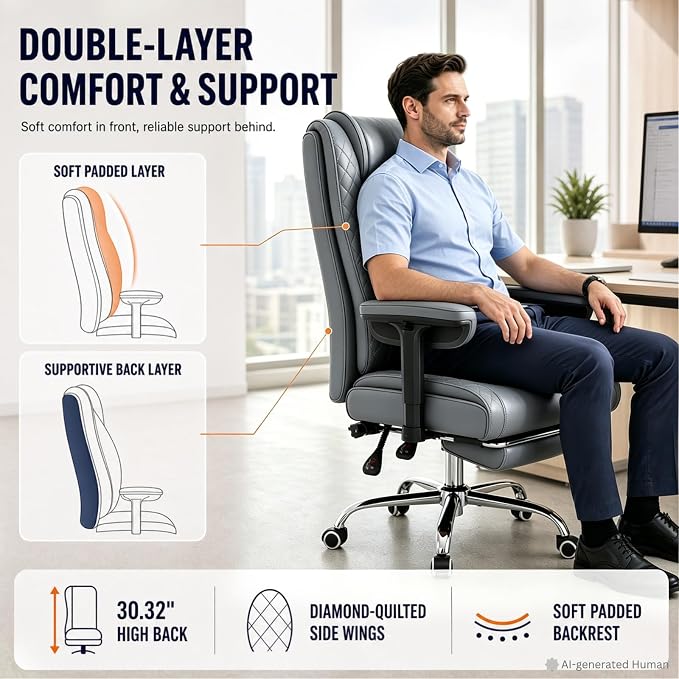 Big and Tall Office Chair，Heavy Duty Wide Executive Office Chair(Grey) | Breathable Leather，Double-layered Backrest，Seat Cushion Designed of Deluxe Embroidery Leather，Foot Rest, Adjustable Armrests
