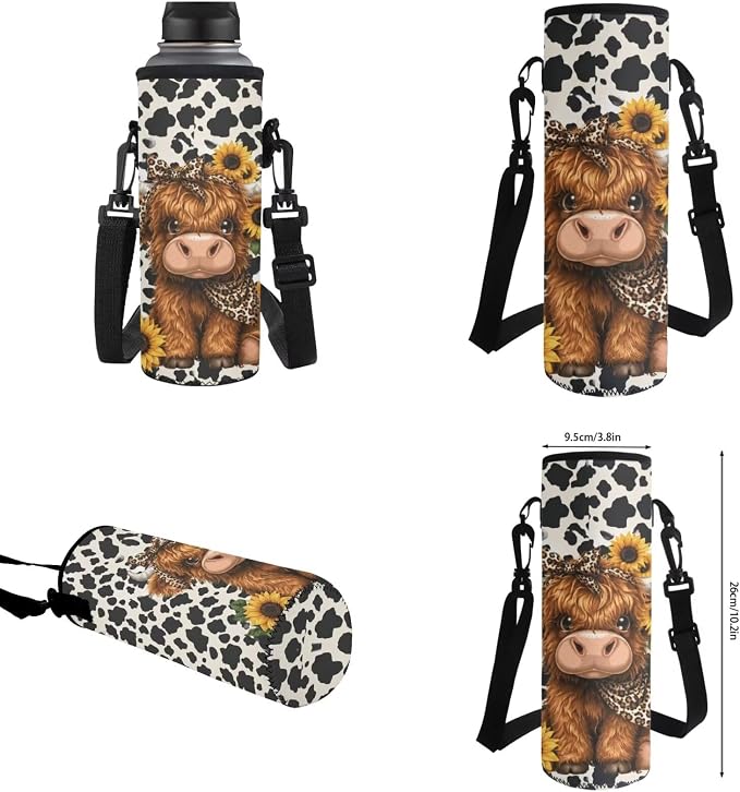 WELLFLYHOM Girls Highland Cow Elementary Backpack 4 Pcs Cow Print Book Bag | Kids Sunflower School Bag with Lunch Box Pencil Pouch Water Bottle Sleeve Daypack Set for School Sport Travel