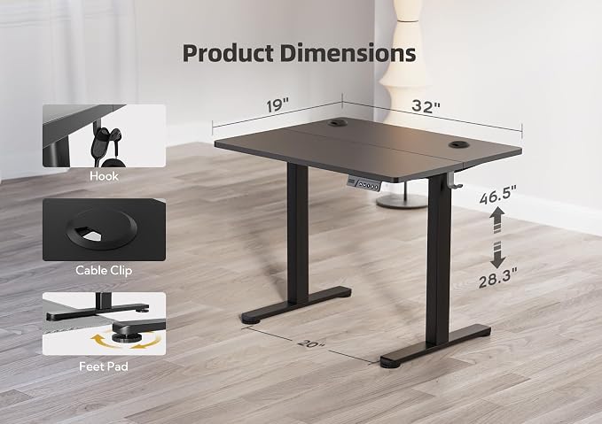 YDN Electric Standing Desk Adjustable Height, 32 x 19 Inches Stand up Desk with Cable Management, Home Office Desks with Splice Board & Black Frame, Black Top