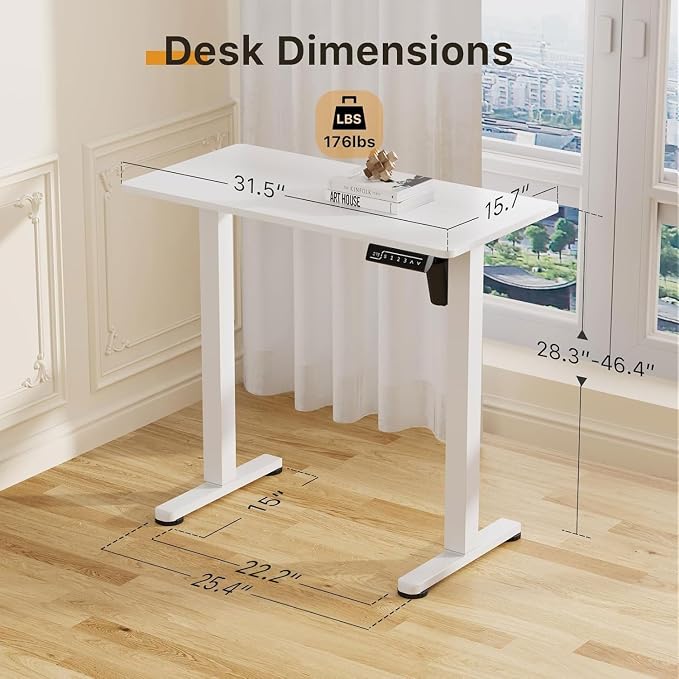 JOY worker Mini Electric Standing Desk, 31.5" x 15.75" Stand Up Workstation | White Small Whole Piece Height Adjustable Desk with Memory Controller, Narrow Computer Table for Home Office Walking Pad