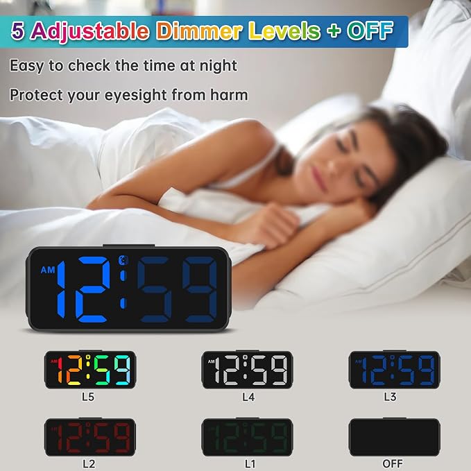 Peakeep Small Cute Digital Alarm Clock Plug-in for Kids Bedrooms Bedside | RGB Colorful Changing Large Display Full Screen, Dimmable 6 Brightness, Corded Electric Battery Backup (Black - RGB)