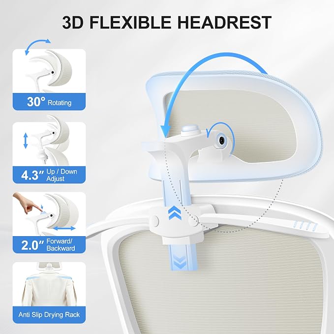 ALLGOD Ergonomic Office Chair, Mesh Desk Chair with Lumbar Support, High Back Home Office Chair with Adjustable Headrest and Flip-Up Arms, Comfortable Computer Chair, Thick Cushion, 300 LBS, White