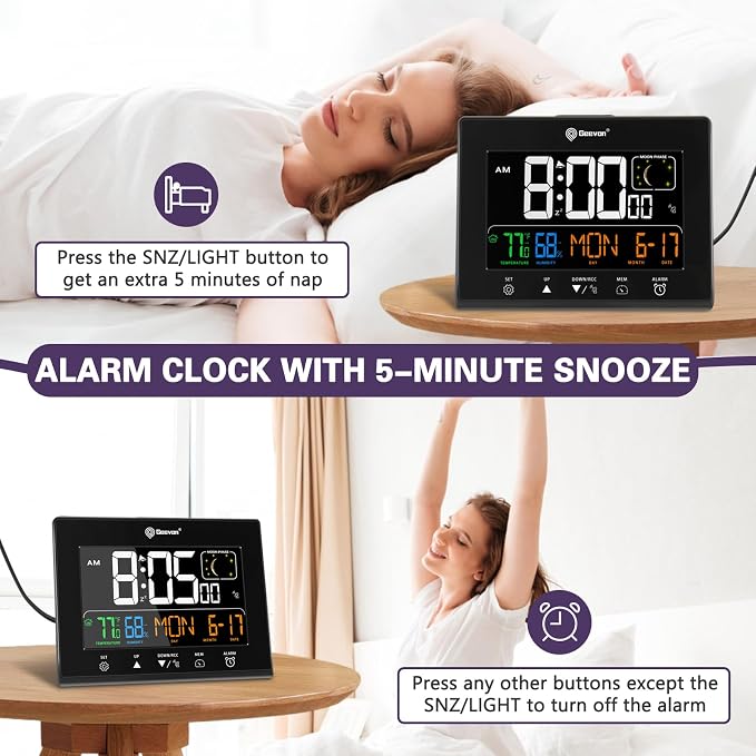 Geevon Digital Atomic Wall Clocks for Seniors Elderly | Self-Setting VA Display Battery Clock with Temp & Humidity,With 2 USB Ports, Calendar & Moon Phases for Living Room Office