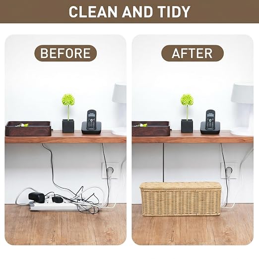 2 Pcs Rattan Cable Management Box, Large Cord Organizer Box with Lid Under Desk Router Hider with 4 Exits, Wire Boxes Hider for TV Wires Computer Surge Protector USB Hub Power Strip(Natural)