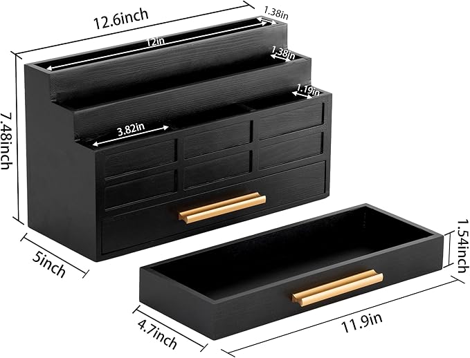 dreampossible Black Wood Desk Organizer and Accessories with Drawer, Bill Mail Organizer and File Mail Holder for Office Supplies, Rustic Desk Accessories & Workspace Organizers for Desk Organization