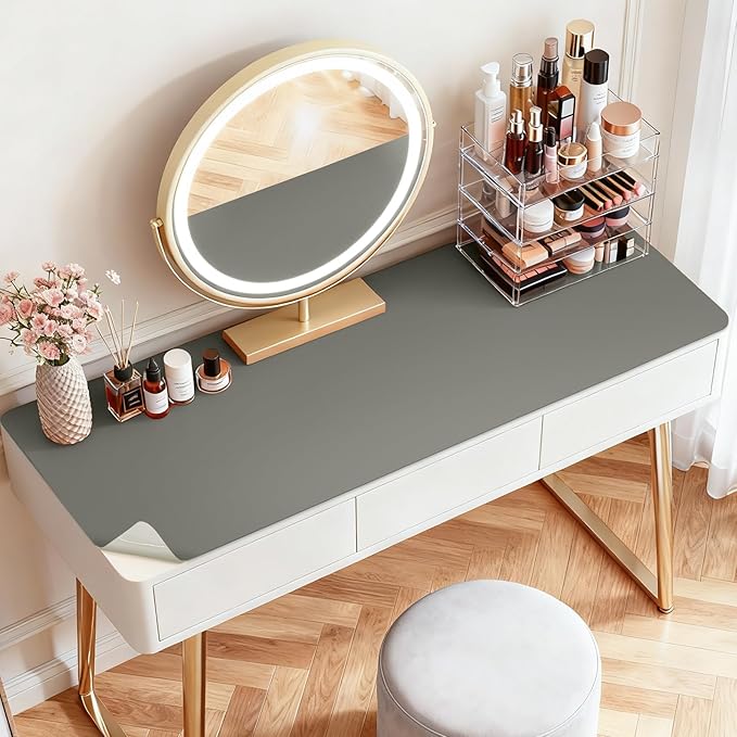 LovePads Makeup Mat for Vanity, 17 x 28 Dual-Sided Desk Pad & Vanity Cover Top, Waterproof PVC Protector Mat for Dresser, Nail Art, Craft Table (Dark Grey+Grey)