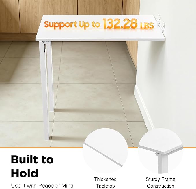 Wall Mounted Folding Table 29.5x15.7 inch, Drop-Leaf Dining Table for Small Spaces, E0-Grade Solid Wood Murphy Table with 132lbs Capacity, Space-Saving Desk for Kitchen Office (White)