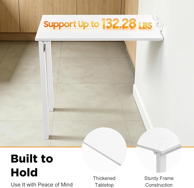 Wall Mounted Folding Dining Table, 30in L Wood Drop-Leaf Desk With Support Legs, Thickened Plate & Bearing Capacity 132lbs For Small Space, Laundry, Dining Room, Bedroom, Home Office. (White)