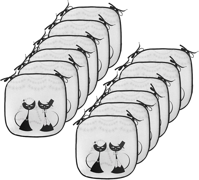 Lunarable Animals Chair Cushion Pads Set 12, Cats The Groom and Bride Life Partners Celebrating with Dress Bow Tie Joyful, Anti-Slip Seat Padding for Kitchen & Patio, 16"x16", Grey Black White