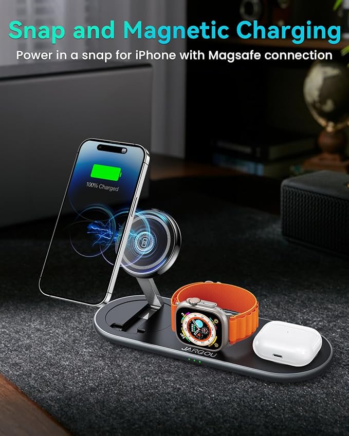 JARGOU 3 in 1 Charging Station for Apple with Magsafe Charger Stand with Apple Charging Station for iPhone 17 16e 16 15 14 13 12, for iWatch, for AirPods 2/3/4/Pro/Pro 2/Pro 3