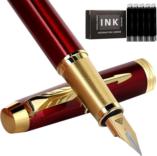 Fountain Pen, luxury Fine point smooth writing pens for journaling fancy pen with Gift Case 8 black ink cartridges an ink converte an EF nib nice pens writer gifts-Matte Red