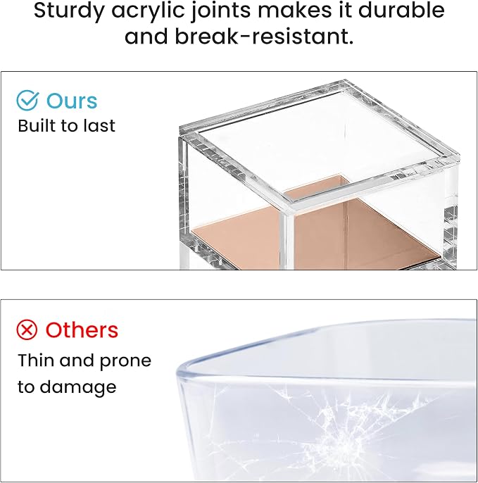 3-Tier Stackable Acrylic Holder, Clear with Rose Gold Base | Stylish desk organizer and storage for office or home, Transparent square design, Functional and elegant desk accessories