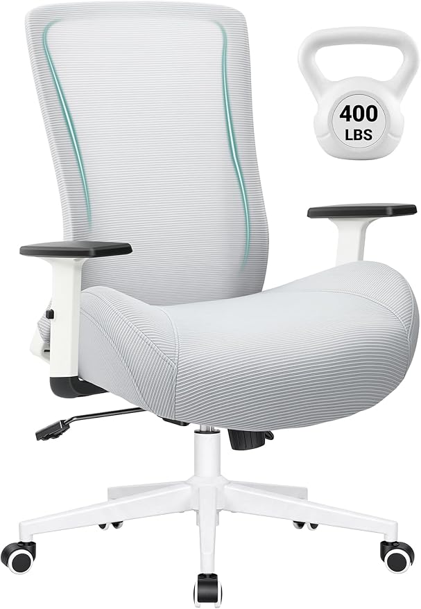Big and Tall Home Office Desk Chair 400lb Capacity for Heavy People, Ergonomic Wide Mesh Desk Chair with Stepless Recline & Lock, 5.5" Thick Cushion, High Back, Adjustable Height & Armrests