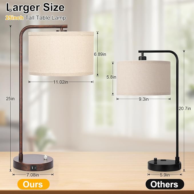 Vintage Table Lamp, Fully Dimmable Table Lamp with C+A USB Charging Ports, Farmhouse Bedside Lamp Nightstand Light, Tall Reading Desk Lamp for Living Room, Bedroom, Office, 9W LED Bulb Included