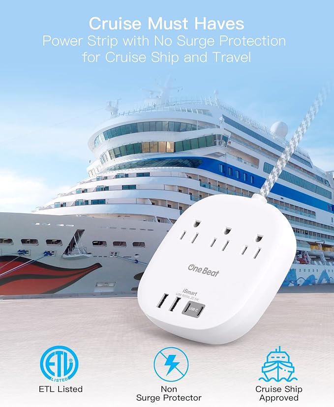10Ft Flat Plug Power Strip, Ultra Thin Extension Cord - 3 Outlets 4 USB Ports (2 USB C) Desktop Charging Station, Cruise Ship Power Strip with No Surge Protection for Travel, Dorm Room Essentials