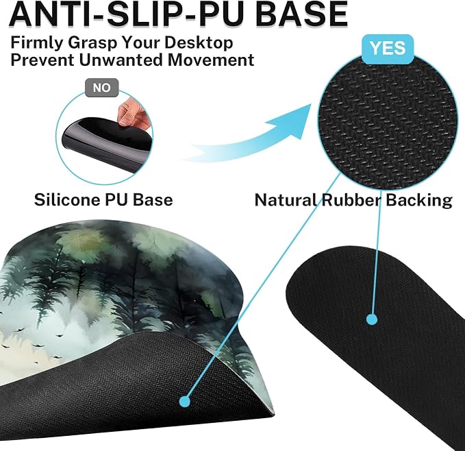 Britimes Green Ink Style Mountain Forest Ergonomic Mouse Pad Set with Wrist Rest Non-Slip Rubber Base Wrist Cushion Support and Coasters Mousepad with Wrist Support for Computer Keyboard and Desk